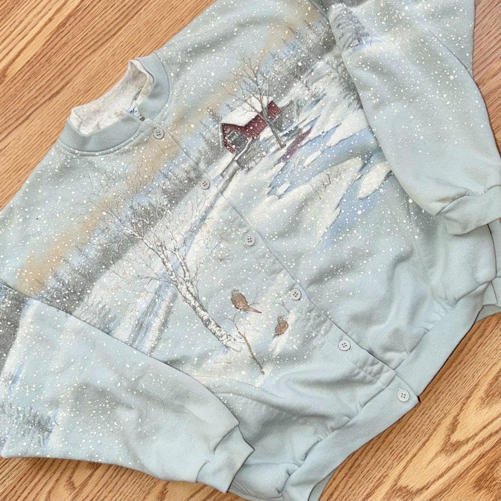 Vintage Women's Hand Painted Winter Sweatshirt Cardigan Button Up Made in USA L